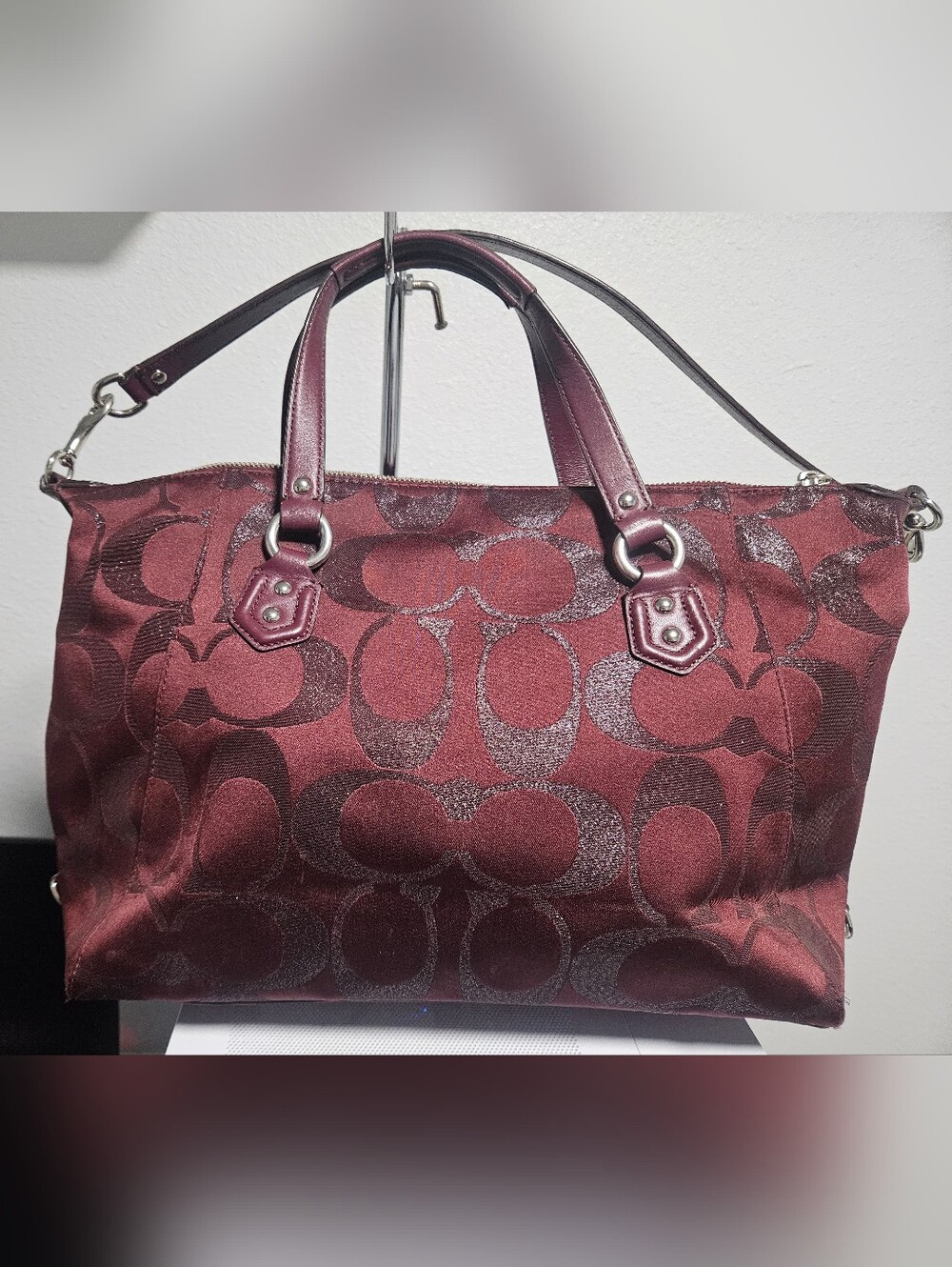 13' Coach Campbell Signature Metallic Belle Carryall in maroon sateen canvas. - Picture 2 of 10